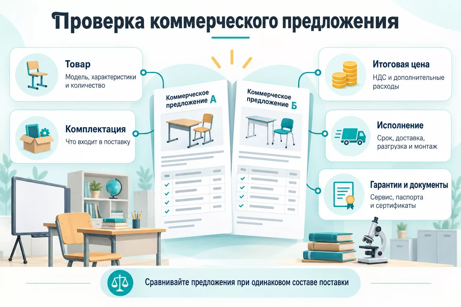 Инфографика проверки коммерческого предложения на поставку школьного оборудования